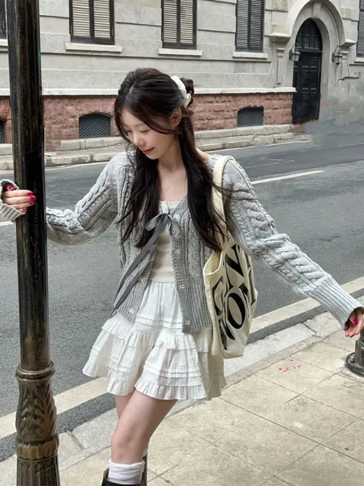 Wenkouban Autumn Korean Style Sweet Bow Grey Cardigans/Cute Tank Top/white tiered skirt