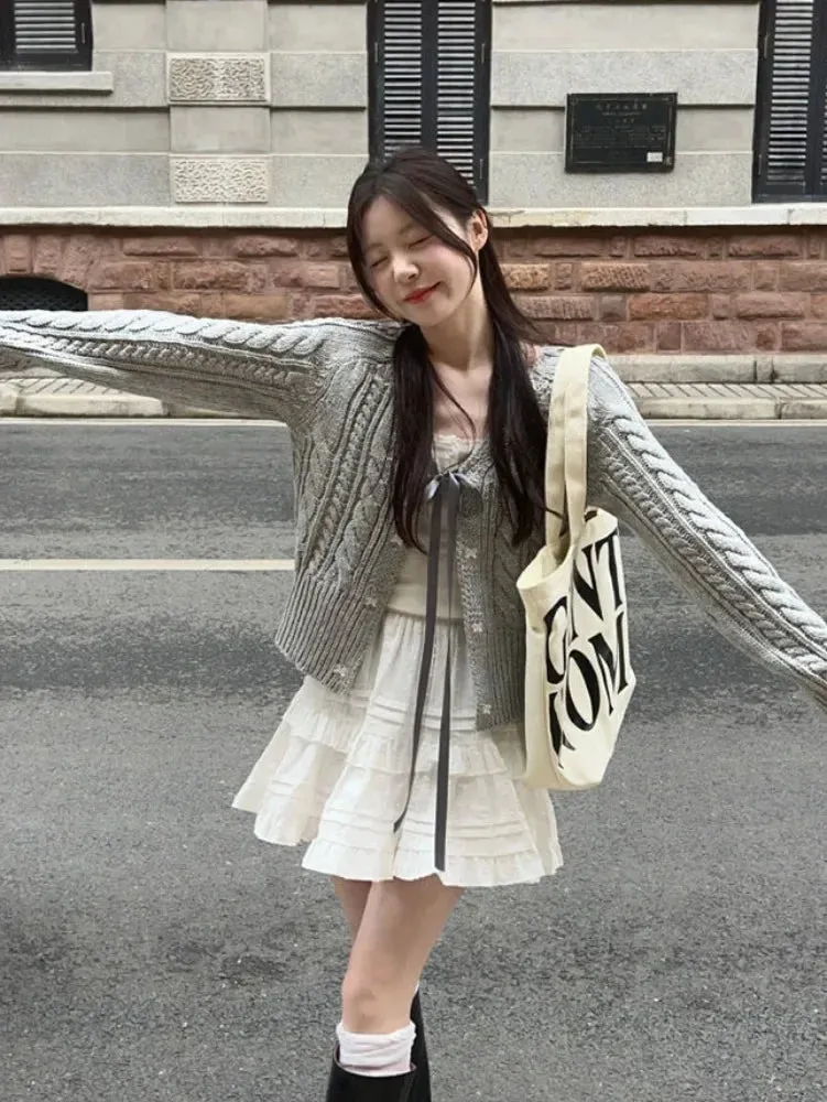 Wenkouban Autumn Korean Style Sweet Bow Grey Cardigans/Cute Tank Top/white tiered skirt