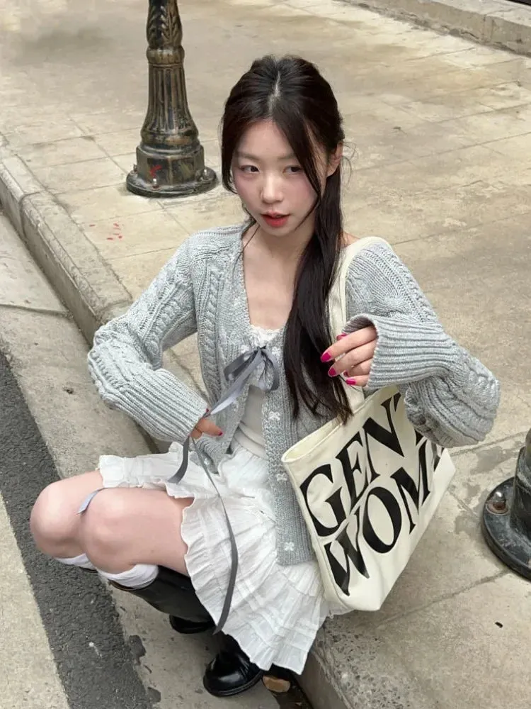 Wenkouban Autumn Korean Style Sweet Bow Grey Cardigans/Cute Tank Top/white tiered skirt