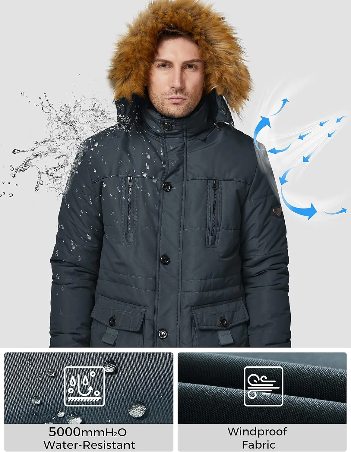 WenVen Men's Winter Coat Warm Parka Jacket with Faux Fur Removable Hood