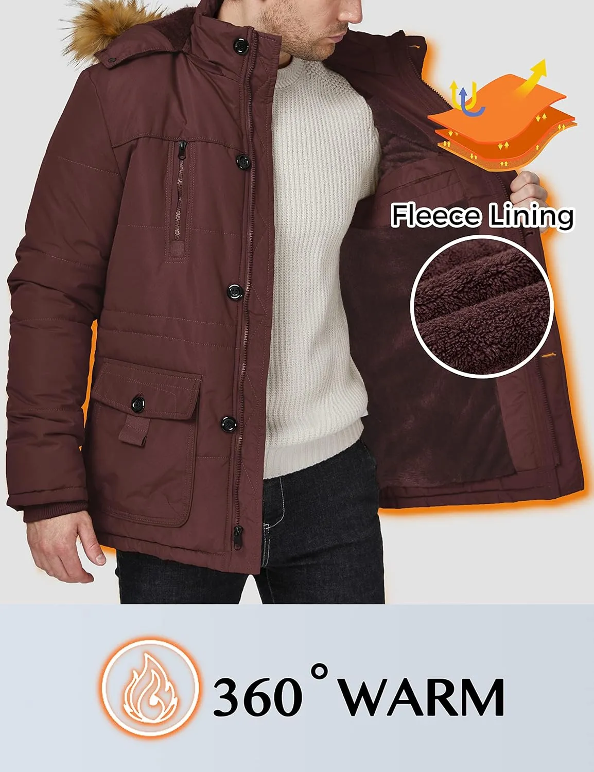 WenVen Men's Winter Coat Warm Parka Jacket with Faux Fur Removable Hood