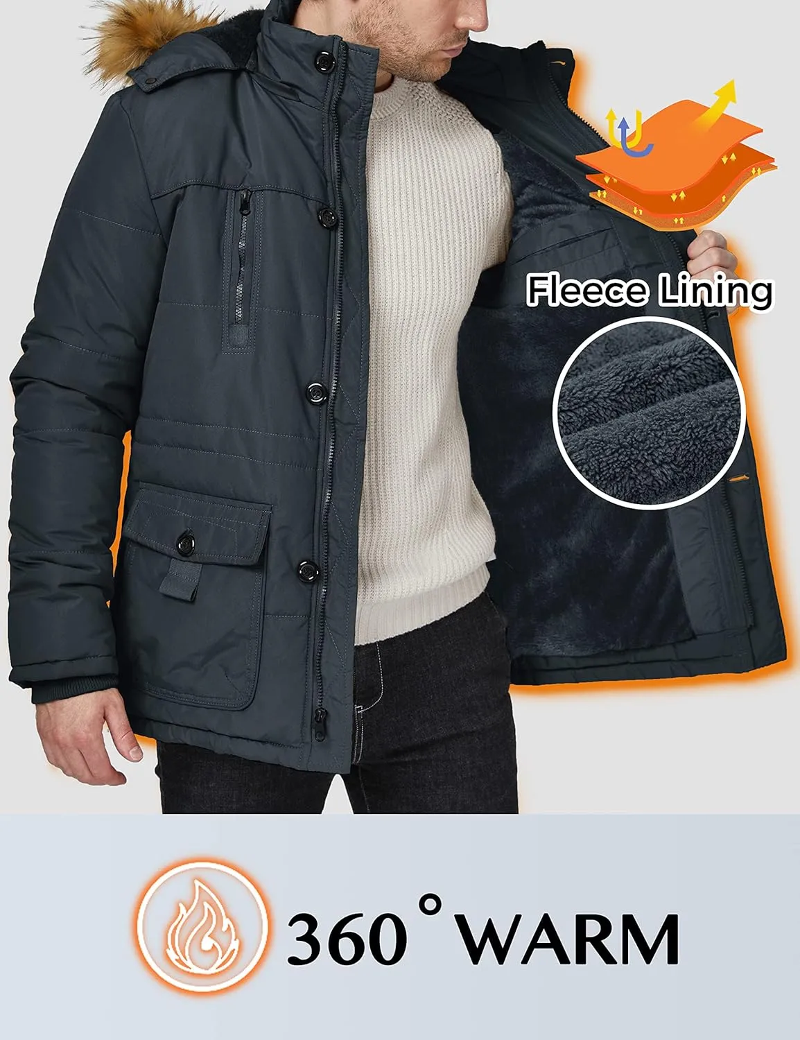WenVen Men's Winter Coat Warm Parka Jacket with Faux Fur Removable Hood