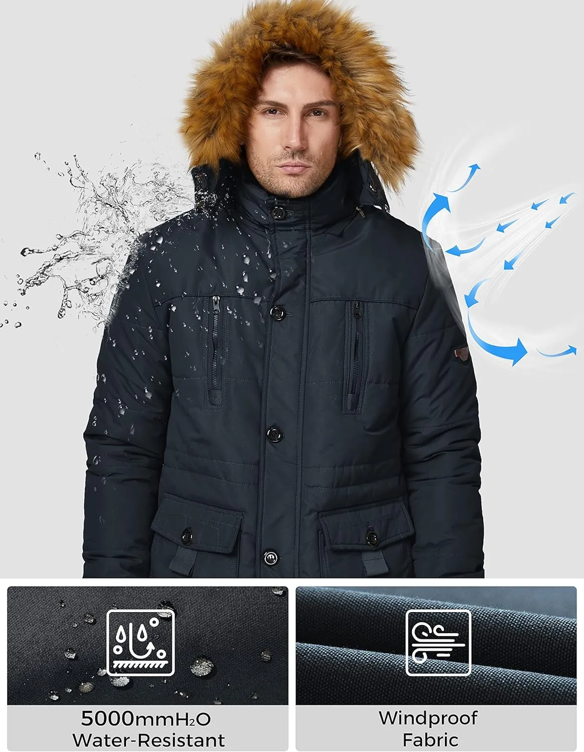 WenVen Men's Winter Coat Warm Parka Jacket with Faux Fur Removable Hood