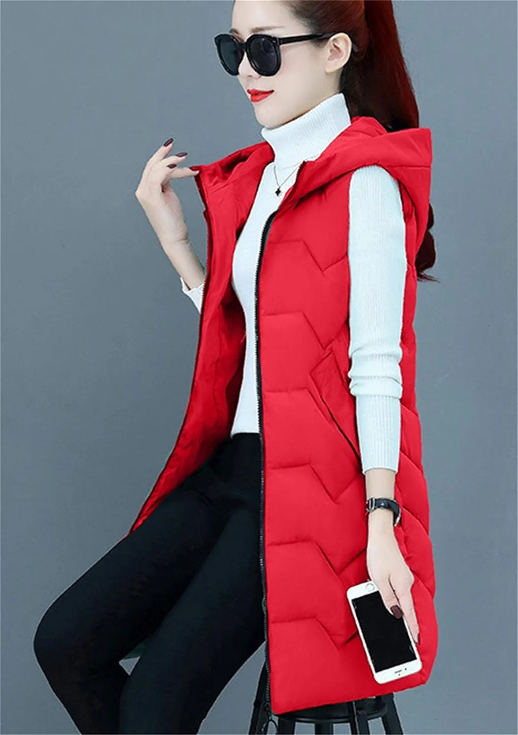 WIWIQS Women's Winter Sleeveless Hoodies Vest Solid Color Slim Fit Warm Coat with Pockets