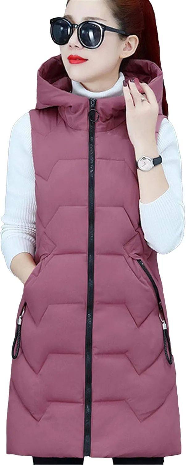 WIWIQS Women's Winter Sleeveless Hoodies Vest Solid Color Slim Fit Warm Coat with Pockets