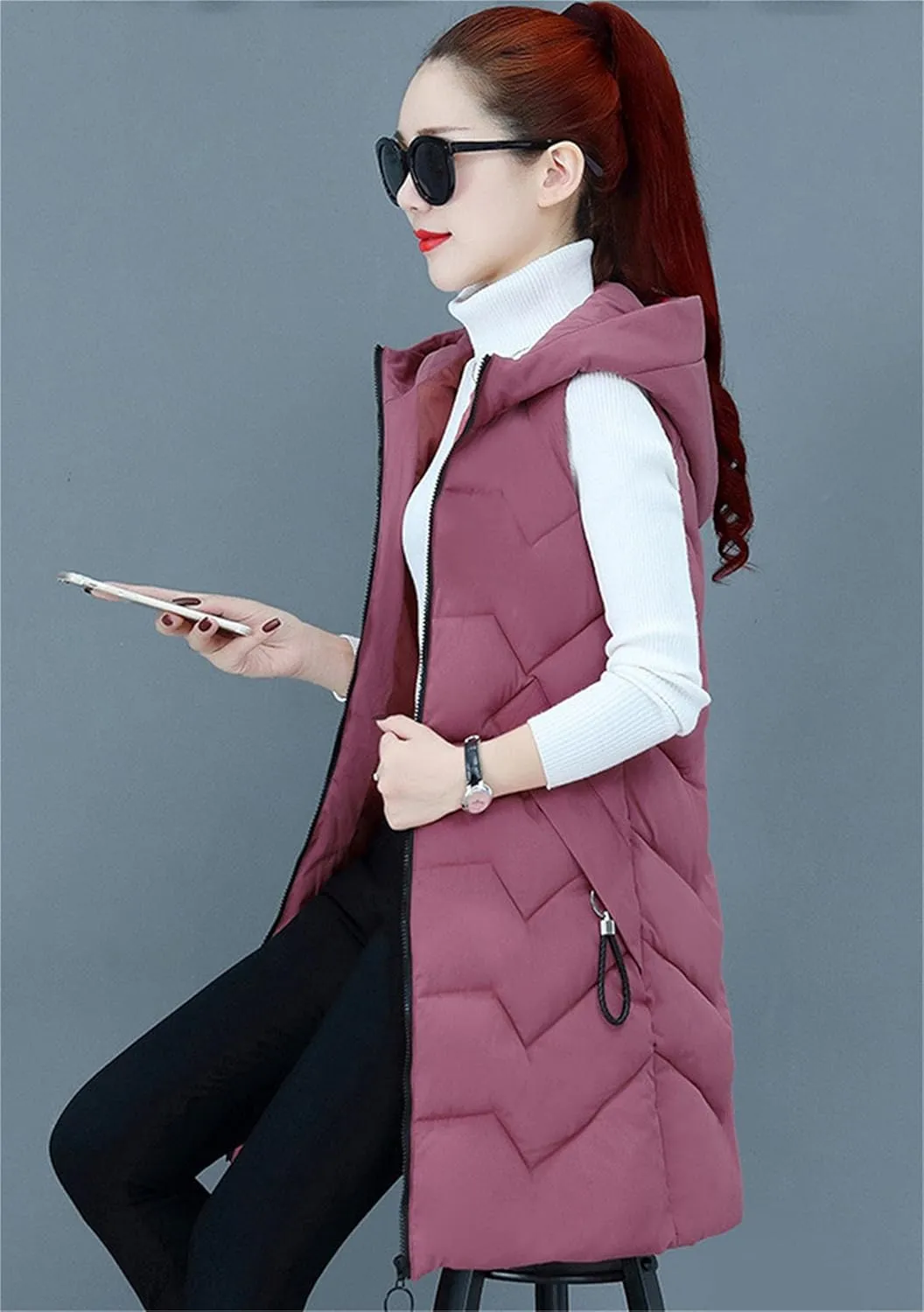 WIWIQS Women's Winter Sleeveless Hoodies Vest Solid Color Slim Fit Warm Coat with Pockets