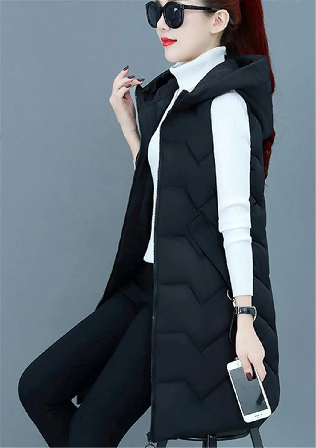 WIWIQS Women's Winter Sleeveless Hoodies Vest Solid Color Slim Fit Warm Coat with Pockets