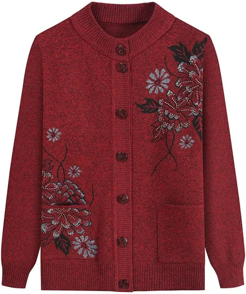 Women Print Cardigan Middle-Aged Elderly Mother's Long-Sleeve Sweater Knitted Bottoming Shirt