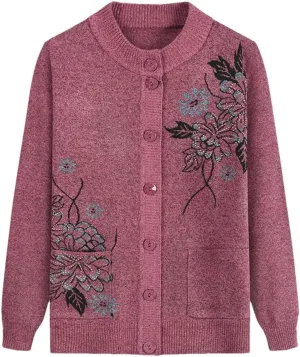 Women Print Cardigan Middle-Aged Elderly Mother's Long-Sleeve Sweater Knitted Bottoming Shirt