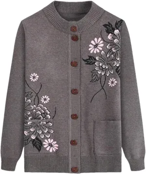 Women Print Cardigan Middle-Aged Elderly Mother's Long-Sleeve Sweater Knitted Bottoming Shirt