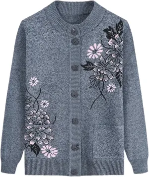 Women Print Cardigan Middle-Aged Elderly Mother's Long-Sleeve Sweater Knitted Bottoming Shirt