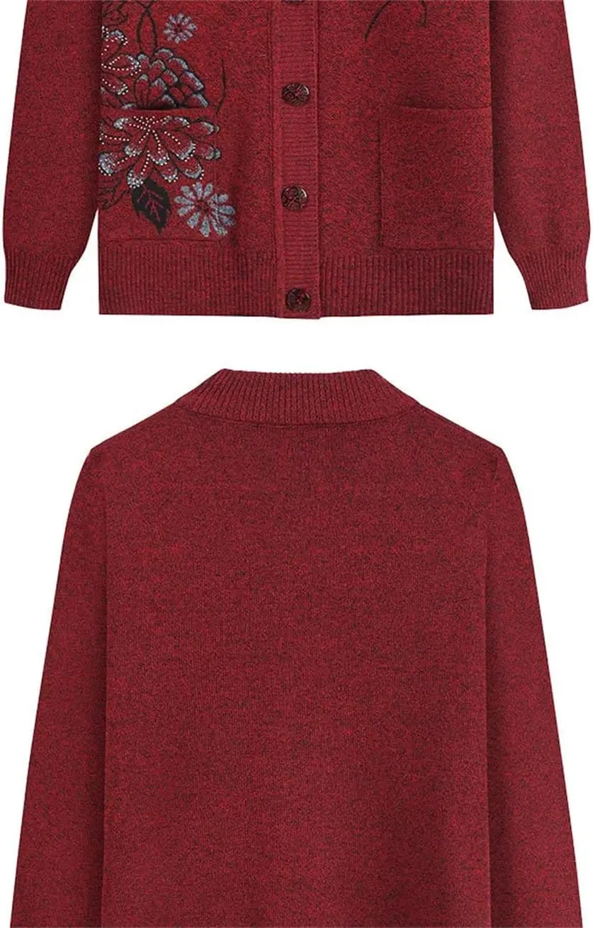 Women Print Cardigan Middle-Aged Elderly Mother's Long-Sleeve Sweater Knitted Bottoming Shirt