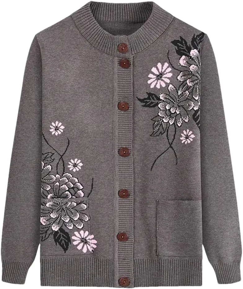 Women Print Cardigan Middle-Aged Elderly Mother's Long-Sleeve Sweater Knitted Bottoming Shirt