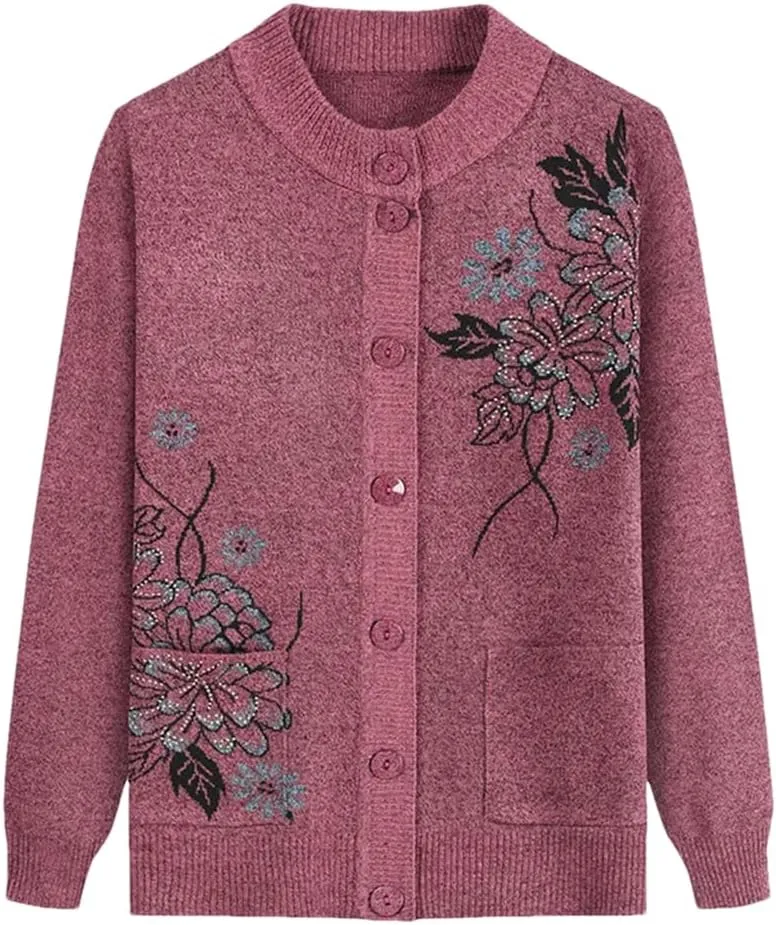 Women Print Cardigan Middle-Aged Elderly Mother's Long-Sleeve Sweater Knitted Bottoming Shirt