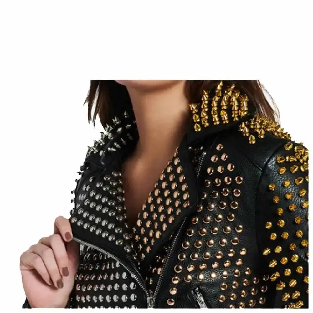 Women Punk Rock Black Leather Golden Silver Studded Leather Jacket