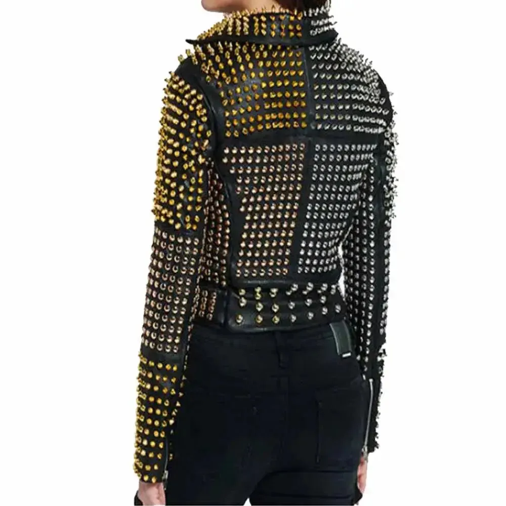 Women Punk Rock Black Leather Golden Silver Studded Leather Jacket