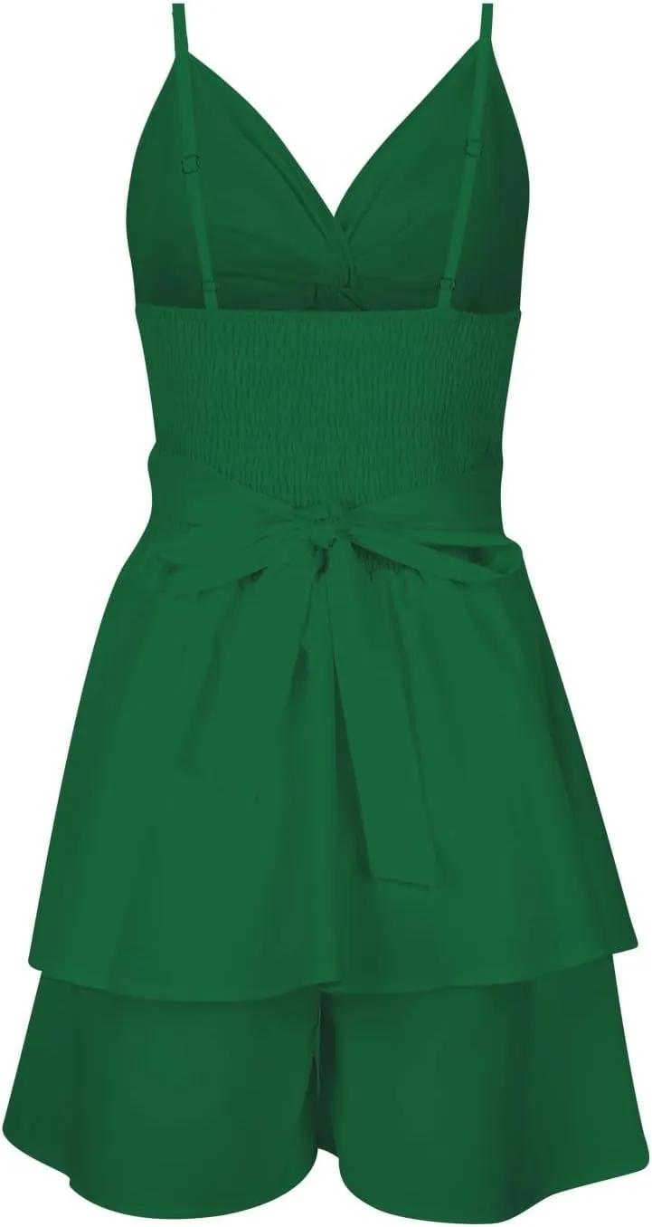 Women Summer Spaghetti Strap Dress Sexy Casual Double Layer Ruffle V Neck Cutout Dresses Beach Cocktail Party Mini Dresses