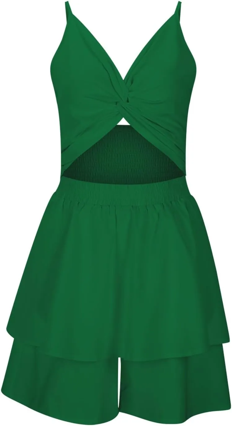 Women Summer Spaghetti Strap Dress Sexy Casual Double Layer Ruffle V Neck Cutout Dresses Beach Cocktail Party Mini Dresses