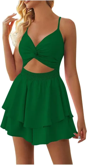 Women Summer Spaghetti Strap Dress Sexy Casual Double Layer Ruffle V Neck Cutout Dresses Beach Cocktail Party Mini Dresses