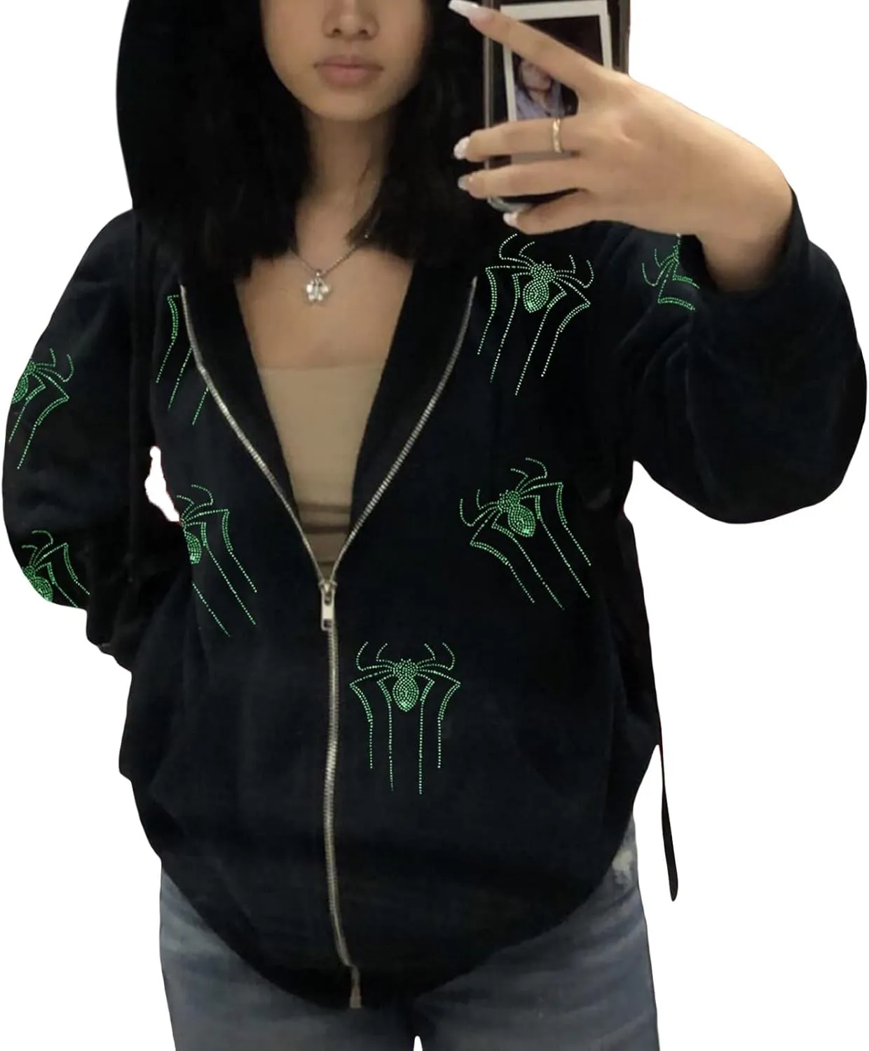 Women Y2K Spider Web Hoodies Punk Jackets Streetwear Goth Harajuku Oversized Vintage Graphic Full Zip Up Hoodie