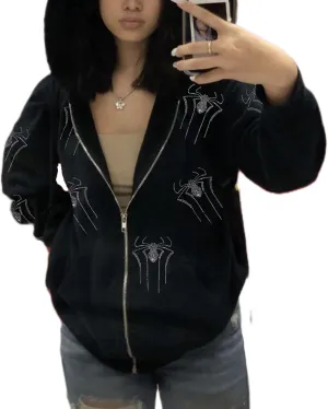 Women Y2K Spider Web Hoodies Punk Jackets Streetwear Goth Harajuku Oversized Vintage Graphic Full Zip Up Hoodie