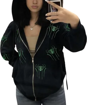 Women Y2K Spider Web Hoodies Punk Jackets Streetwear Goth Harajuku Oversized Vintage Graphic Full Zip Up Hoodie