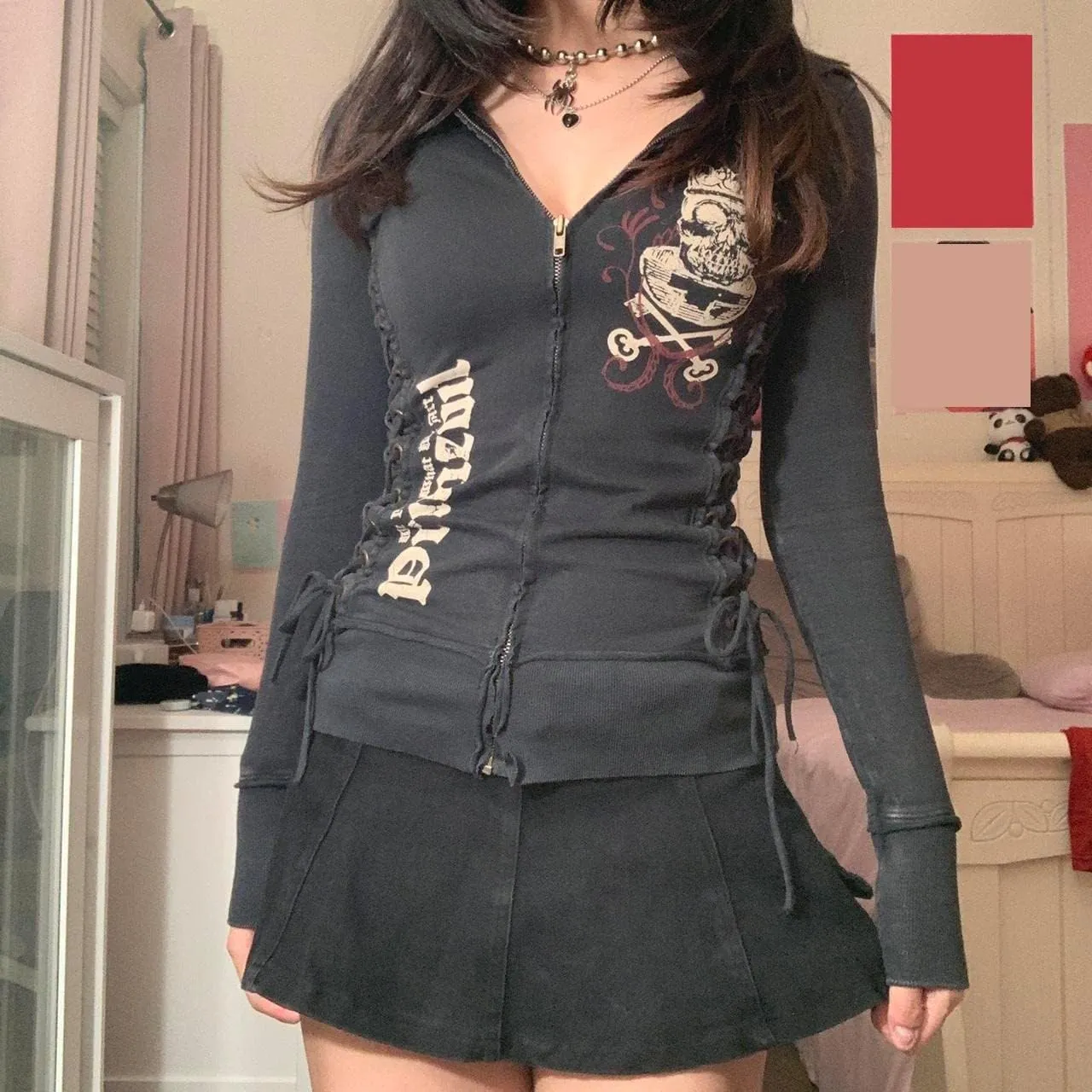 Women Y2K Zip Up Hoodies Graphic Printed Oversized Sweatshirts Vintage Long Sleeve Harajuku Jackets Streetwear
