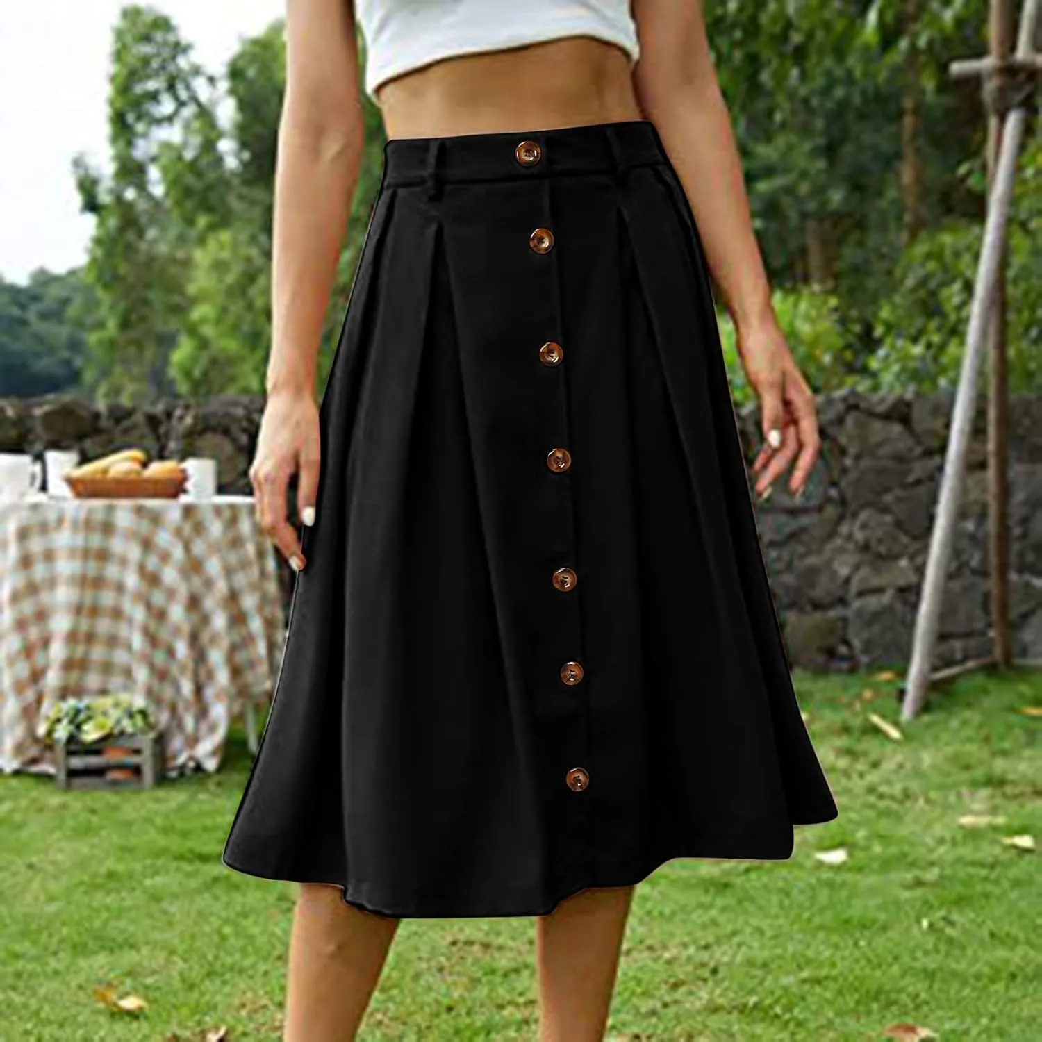 Womens A Line Flared Midi Skirt Pleated Elastic High Waist Button Front Casual Elegant Trendy Flowy Comfy Skirts