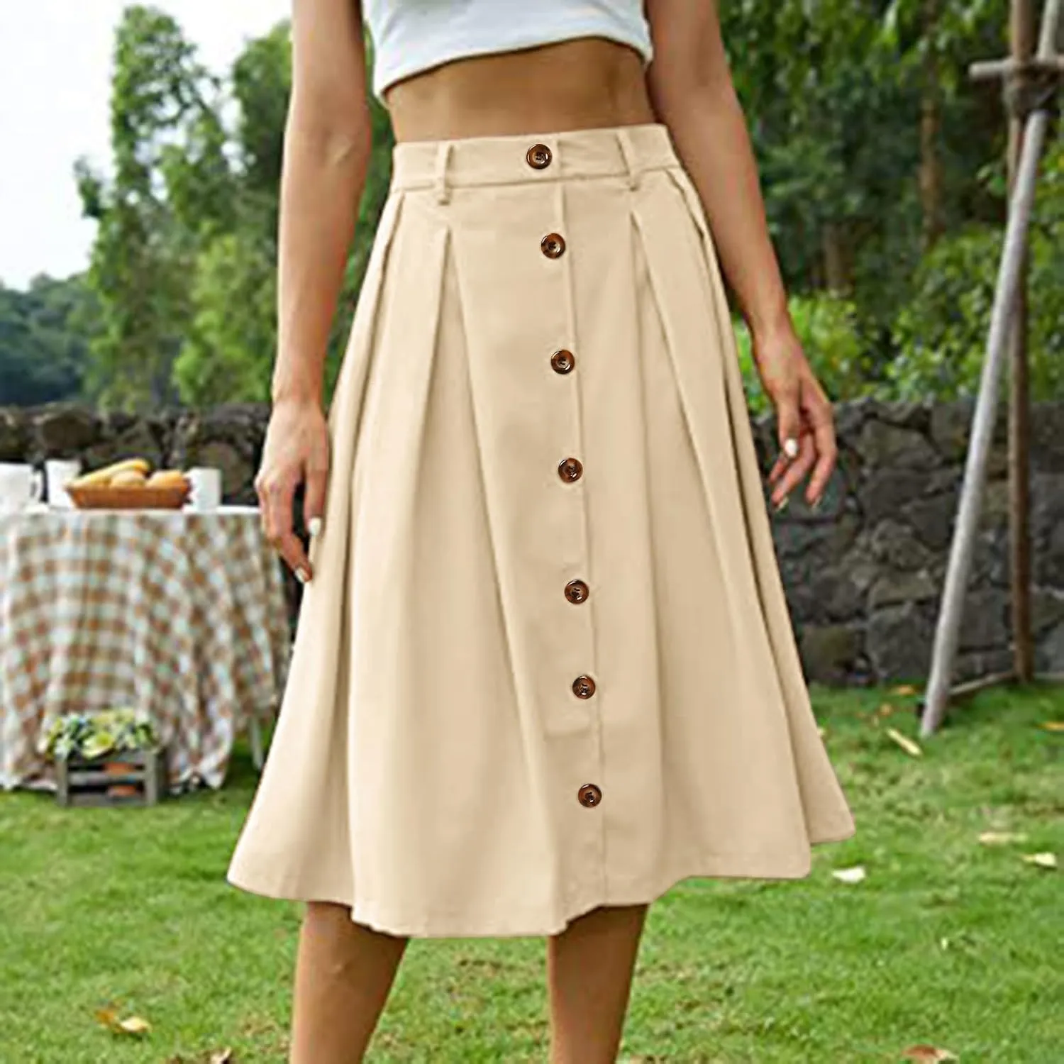 Womens A Line Flared Midi Skirt Pleated Elastic High Waist Button Front Casual Elegant Trendy Flowy Comfy Skirts
