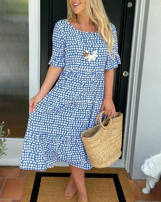 Womens Boho Polka Dot Midi Dresses Short Sleeve Crew Neck Flowy Swing Loose Long Beach Party Dresses