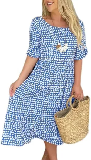 Womens Boho Polka Dot Midi Dresses Short Sleeve Crew Neck Flowy Swing Loose Long Beach Party Dresses