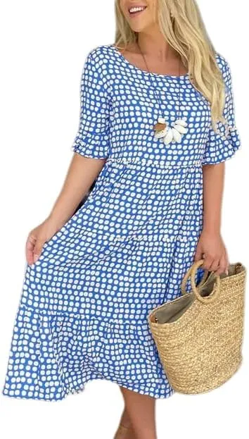 Womens Boho Polka Dot Midi Dresses Short Sleeve Crew Neck Flowy Swing Loose Long Beach Party Dresses