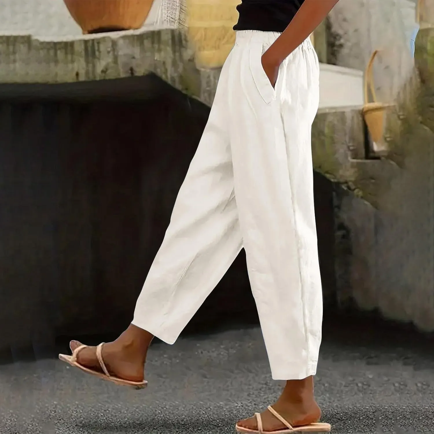 Women's Casual Cotton Linen Pants 2025 Summer Casual Straight Leg Trousers Wide Leg Loose Fit Long Pants with