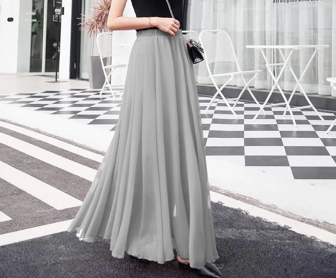 Women's Elegant Boho Chiffon Long Skirts Summer Casual Flowy High Waist Maxi Skirt Elastic Waist Pleated Skirt