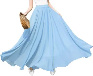 Women's Elegant Boho Chiffon Long Skirts Summer Casual Flowy High Waist Maxi Skirt Elastic Waist Pleated Skirt