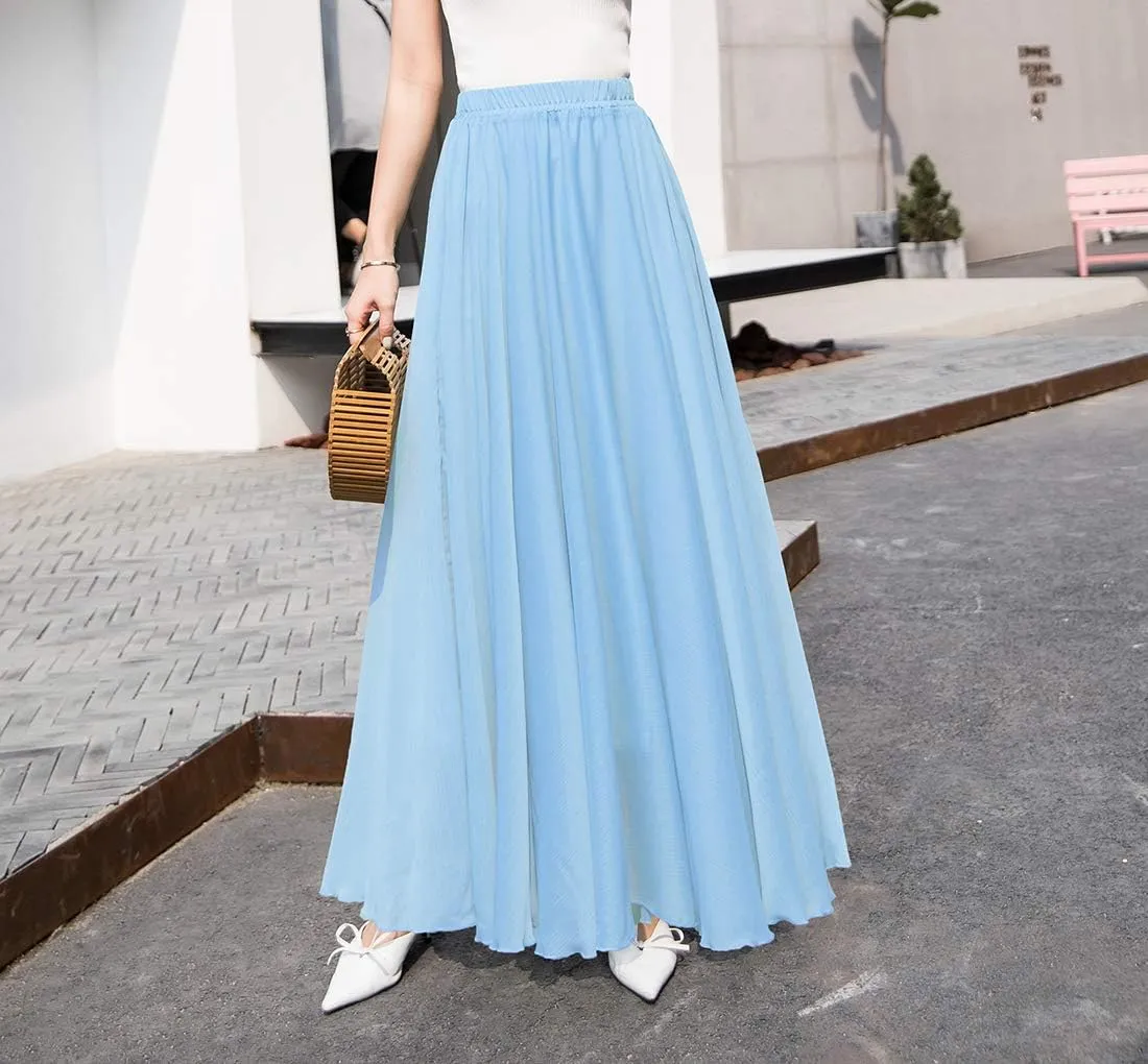 Women's Elegant Boho Chiffon Long Skirts Summer Casual Flowy High Waist Maxi Skirt Elastic Waist Pleated Skirt