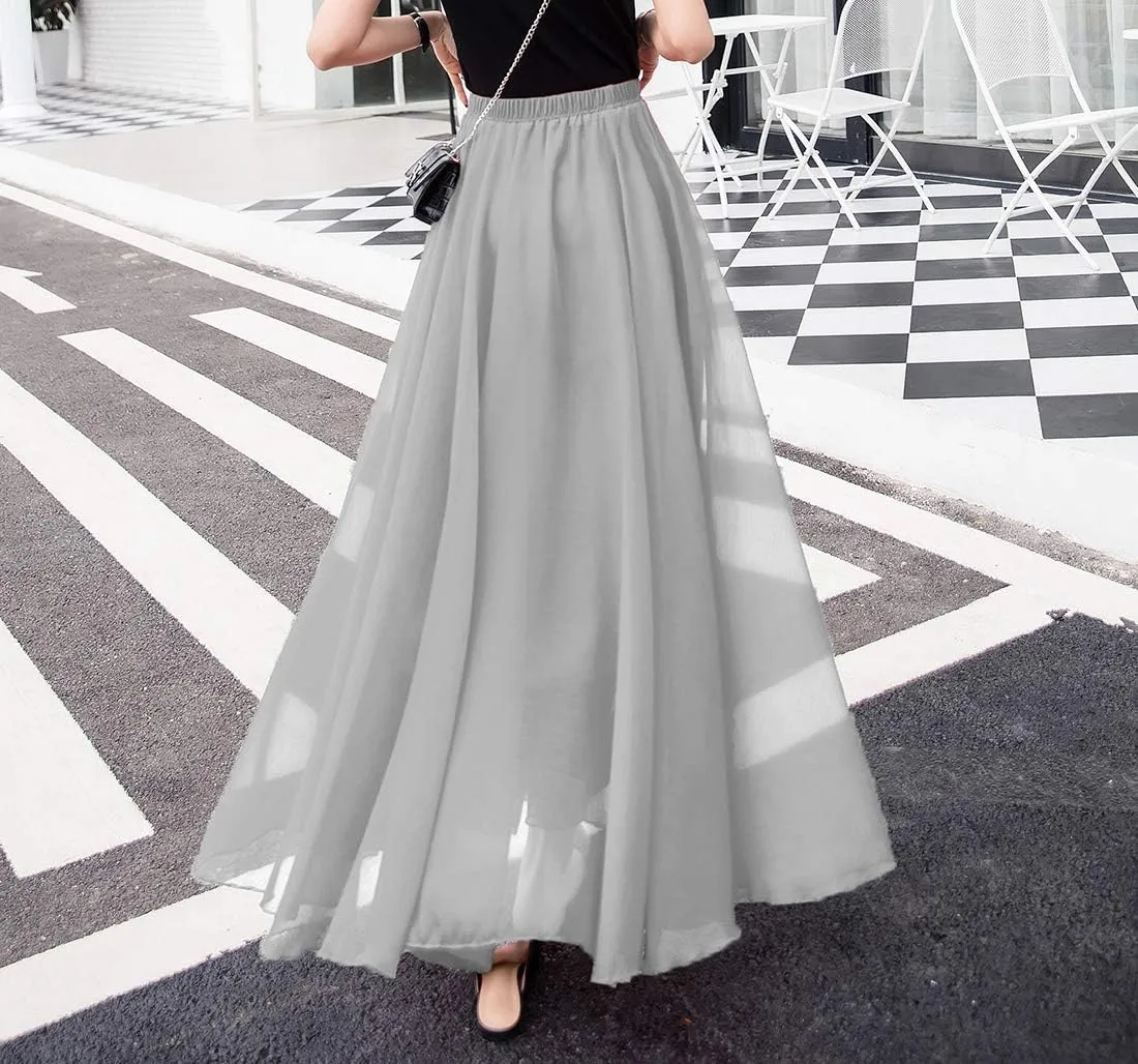 Women's Elegant Boho Chiffon Long Skirts Summer Casual Flowy High Waist Maxi Skirt Elastic Waist Pleated Skirt