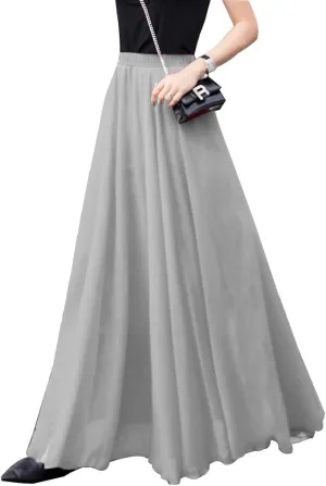 Women's Elegant Boho Chiffon Long Skirts Summer Casual Flowy High Waist Maxi Skirt Elastic Waist Pleated Skirt