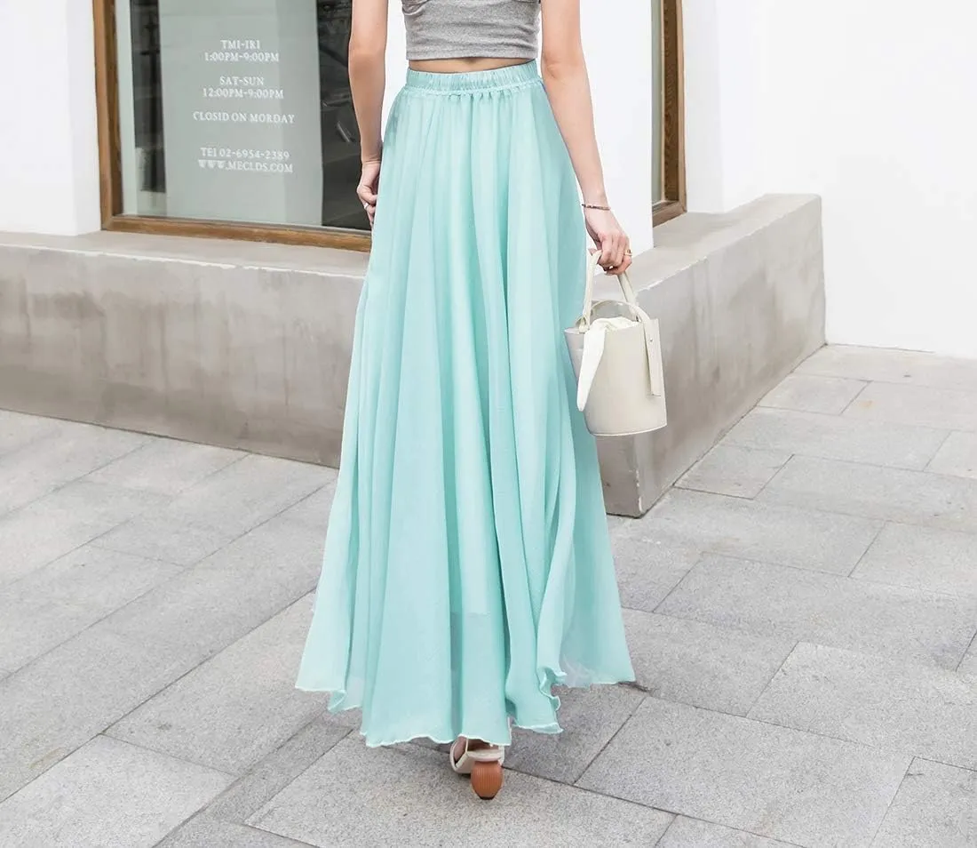 Women's Elegant Boho Chiffon Long Skirts Summer Casual Flowy High Waist Maxi Skirt Elastic Waist Pleated Skirt