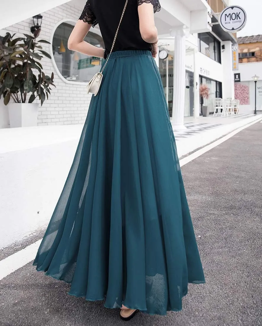 Women's Elegant Boho Chiffon Long Skirts Summer Casual Flowy High Waist Maxi Skirt Elastic Waist Pleated Skirt