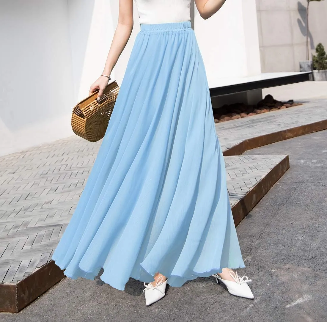 Women's Elegant Boho Chiffon Long Skirts Summer Casual Flowy High Waist Maxi Skirt Elastic Waist Pleated Skirt