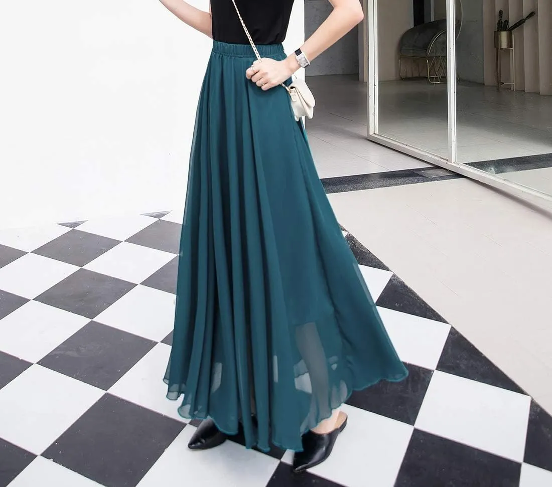 Women's Elegant Boho Chiffon Long Skirts Summer Casual Flowy High Waist Maxi Skirt Elastic Waist Pleated Skirt