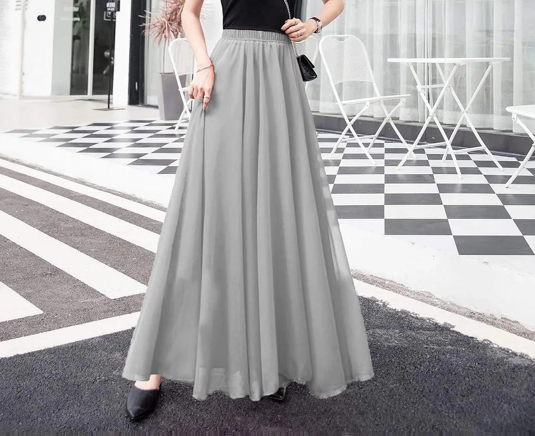 Women's Elegant Boho Chiffon Long Skirts Summer Casual Flowy High Waist Maxi Skirt Elastic Waist Pleated Skirt