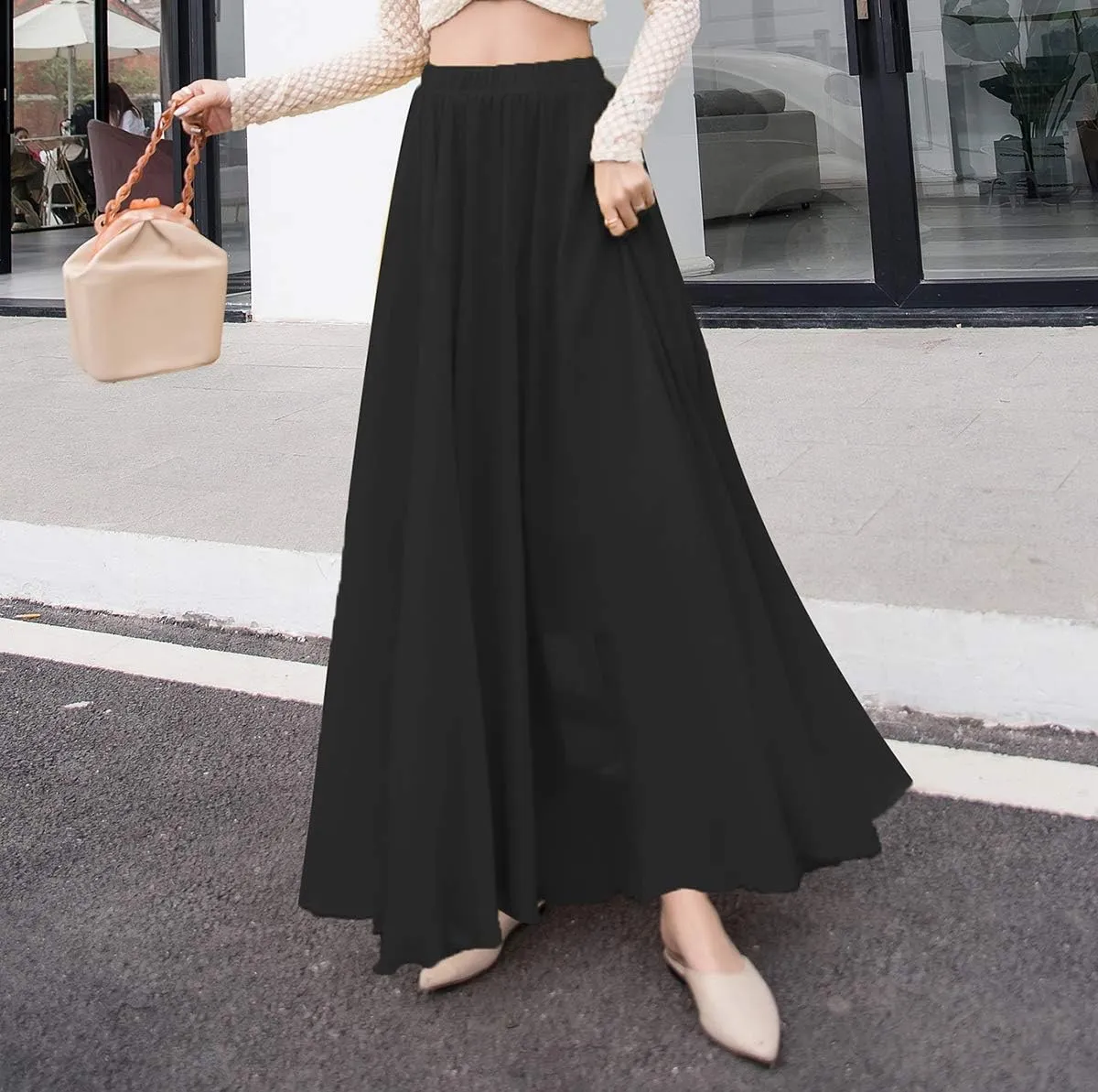 Women's Elegant Boho Chiffon Long Skirts Summer Casual Flowy High Waist Maxi Skirt Elastic Waist Pleated Skirt