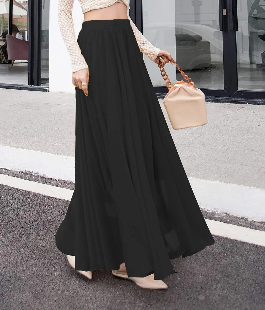 Women's Elegant Boho Chiffon Long Skirts Summer Casual Flowy High Waist Maxi Skirt Elastic Waist Pleated Skirt