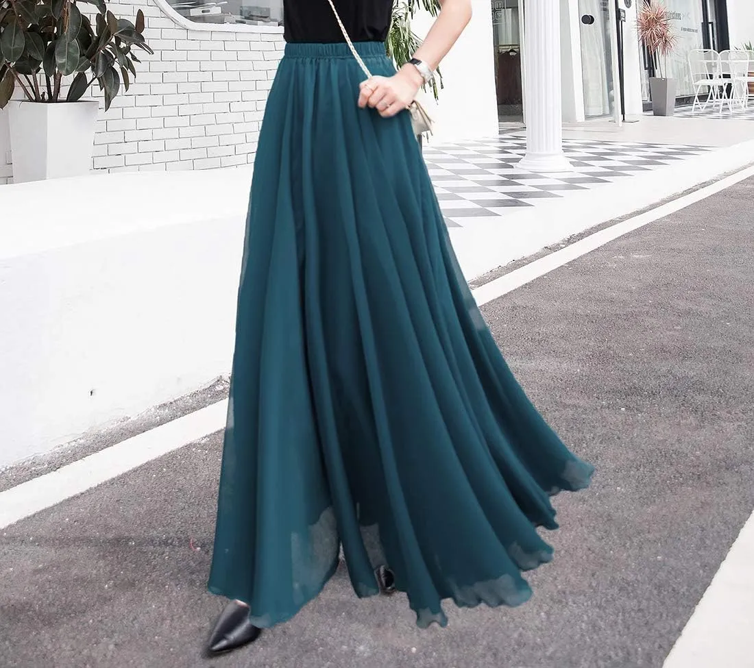 Women's Elegant Boho Chiffon Long Skirts Summer Casual Flowy High Waist Maxi Skirt Elastic Waist Pleated Skirt