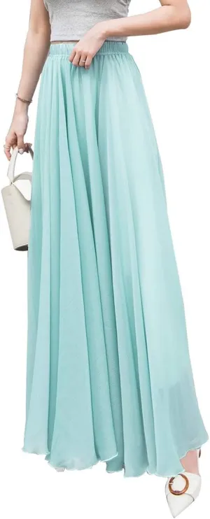 Women's Elegant Boho Chiffon Long Skirts Summer Casual Flowy High Waist Maxi Skirt Elastic Waist Pleated Skirt
