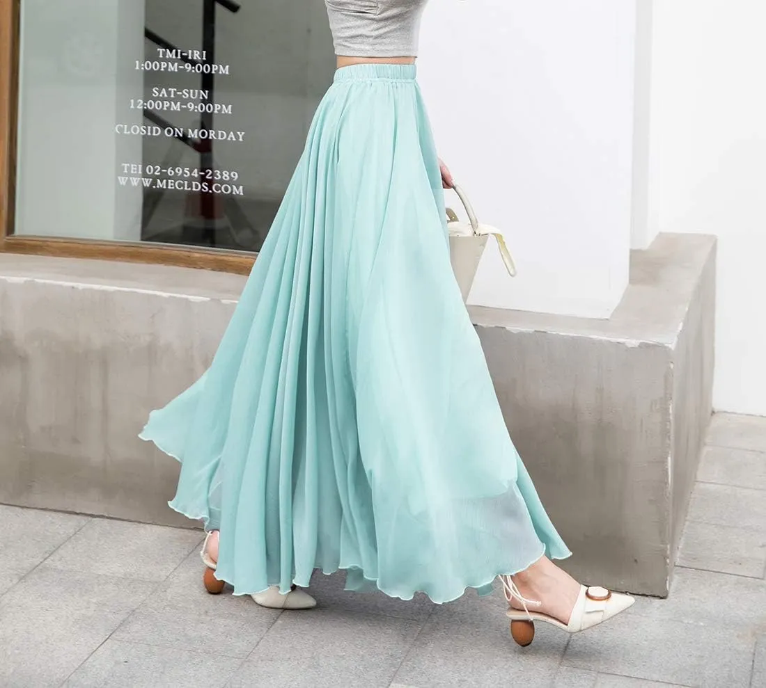 Women's Elegant Boho Chiffon Long Skirts Summer Casual Flowy High Waist Maxi Skirt Elastic Waist Pleated Skirt