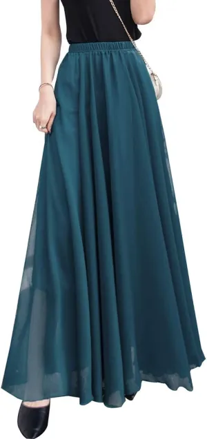 Women's Elegant Boho Chiffon Long Skirts Summer Casual Flowy High Waist Maxi Skirt Elastic Waist Pleated Skirt