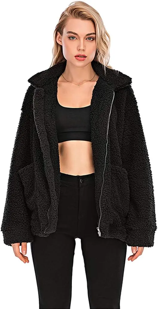 Womens Faux Shearling Jacket, Casual Lapel Fleece Fuzzy Jacket Shaggy Oversized Jacket Fashion Cardigan Coat